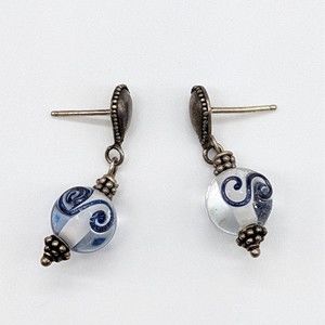 Small Clear Glass Bead Dangle Drop Earrings Blue Squiggle Silver Tone Post Backs